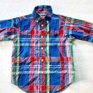 Chaps Boys Shirt Button Down Red Blue Plaid Long Sleeve Size 4